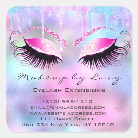 Eyelash Professional Makeup Unicorn Holograaf Roze Vierkante Sticker (Voorkant)