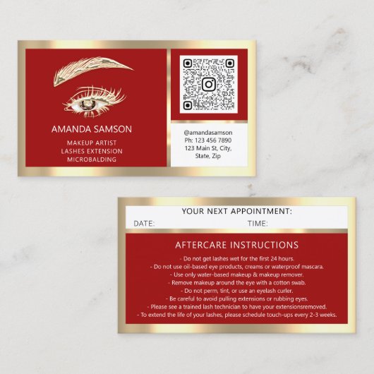 Eyelash QR CODE Aftercare Red Gold Visitekaartje (Voorkant / Achterkant)