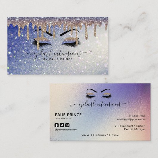 Eyelash Tech Lash Stylist Gold Blue Glitter Drip Visitekaartje (Voorkant / Achterkant)