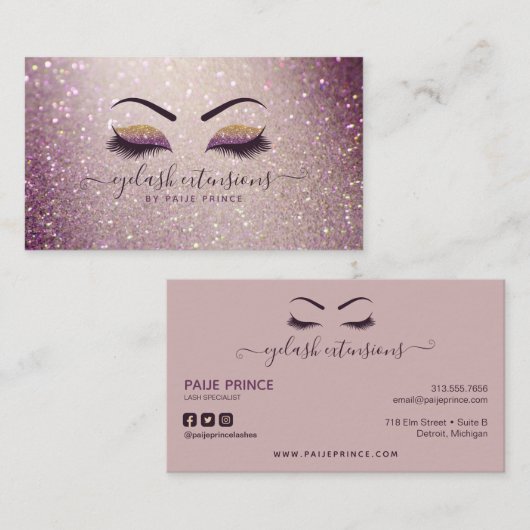 Eyelash-technicus Lash-Paarse glitter Visitekaartje (Voorkant / Achterkant)