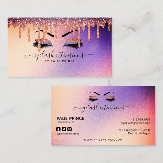 Eyelash-technicus - Lash Stylist Glitter Drip Visitekaartje (Voorkant / Achterkant)