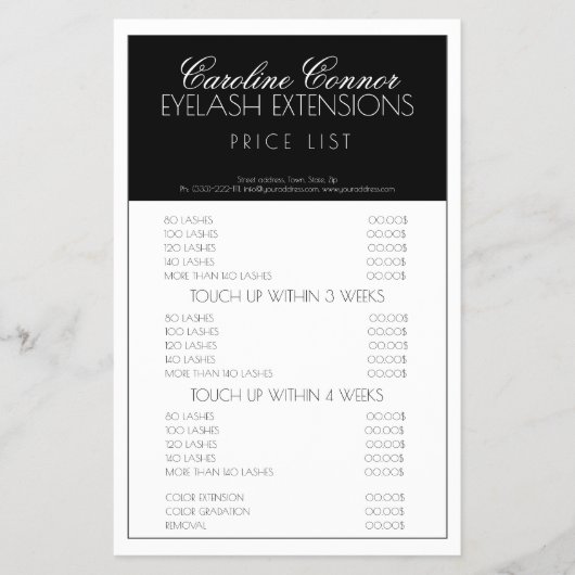 Eyelash-uitbreidingen - Prijslijst zwarte en witte Flyer (Voorkant)