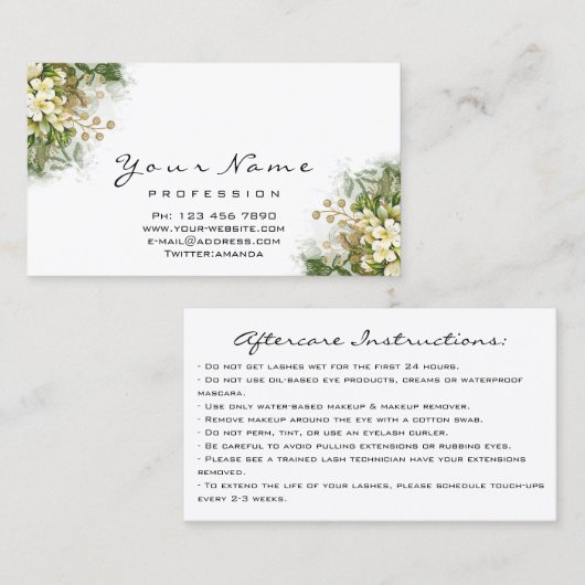 Eyelashes Aftercare Instructions Floral Mint Green Visitekaartje (Voorkant / Achterkant)