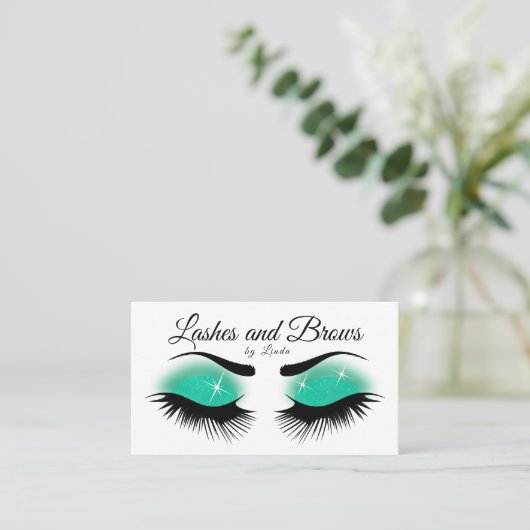 Eyelashes en Brows - Blauwgroen glitter Visitekaartje (Staand voorkant)