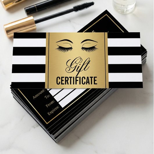 Eyelashes Makeup Gift Certificate Gold B&W Stripes