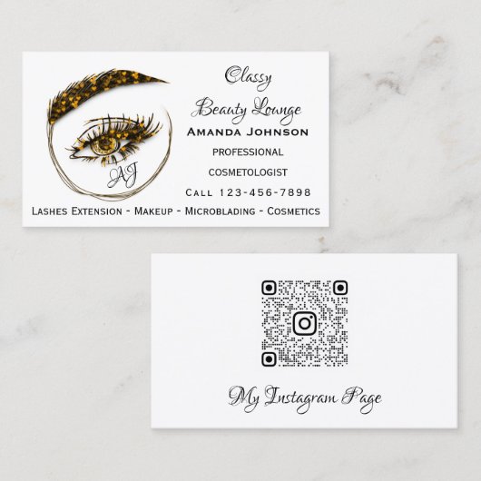 Eyelashes Makeup Microblade Logo QrCode Gold Heart Visitekaartje (Voorkant / Achterkant)
