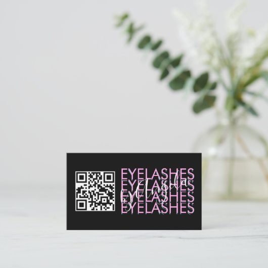 Eyelashes Salon QR Code Roze zwart script Visitekaartje (Staand voorkant)