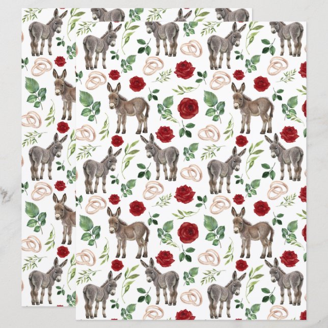 Ezel Rood Bloem Bruiloft Scrapbook papier (Voorkant / Achterkant)