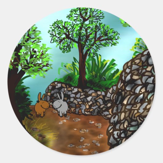 Ezels die langs stenen muur lopen ronde sticker (Voorkant)