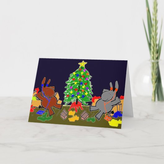 Ezels en kerstboom feestdagen kaart (Voorkant)