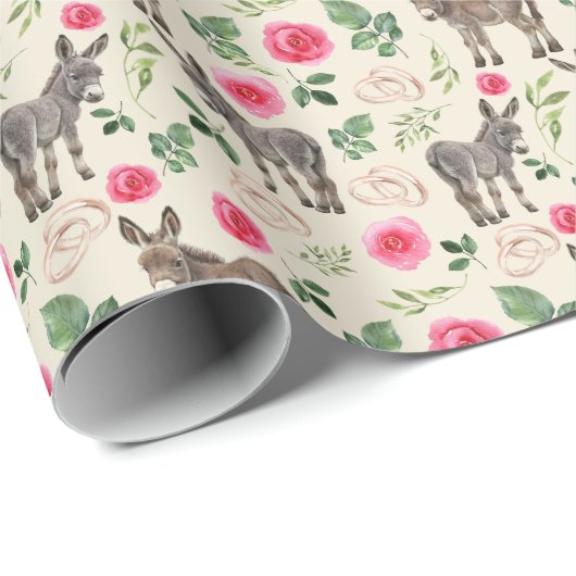 Ezels en roze rozen bruiloft inpakpapier (Rol Hoek)