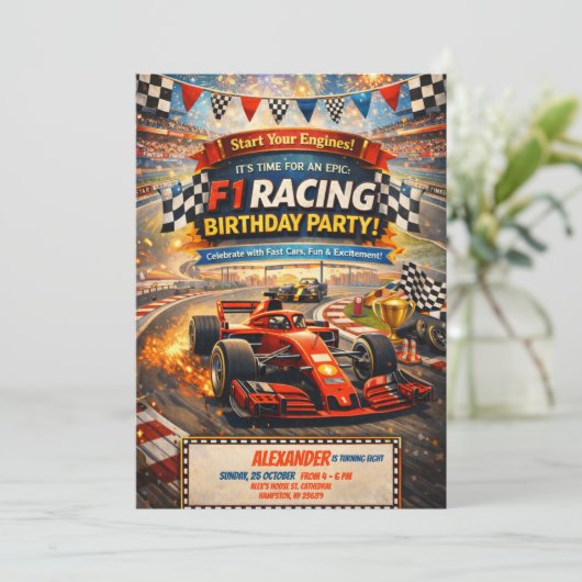 F1 Racing Rode Auto Verjaardagsfeest Uitnodiging J (Staand voorkant)