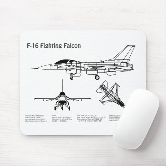 F-16 Fighting Falcon - Vliegtuigblauwdruk Plannen Muismat (Met muis)