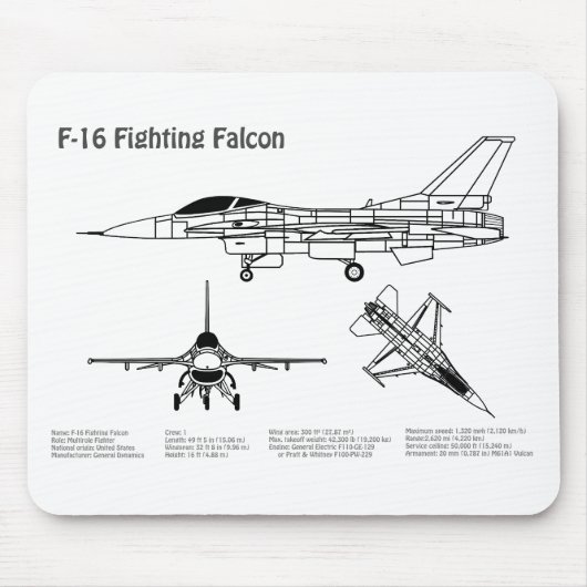 F-16 Fighting Falcon - Vliegtuigblauwdruk Plannen Muismat (Voorkant)