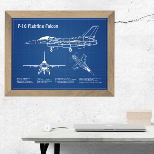F-16 Fighting Falcon - Vliegtuigblauwdruk Plannen  Poster