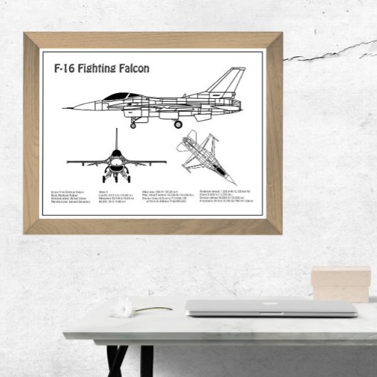 F-16 Fighting Falcon - Vliegtuigblauwdruk Plannen  Poster