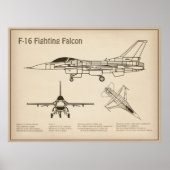 F-16 Fighting Falcon - Vliegtuigblauwdruk Plannen  Poster (Voorkant)