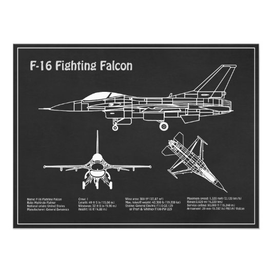 F-16 Fighting Falcon - Vliegtuigblauwdruk Plans PD Foto Afdruk (Voorkant)