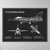 F-16 Fighting Falcon - Vliegtuigblauwdruk Plans PD Poster (Voorkant)