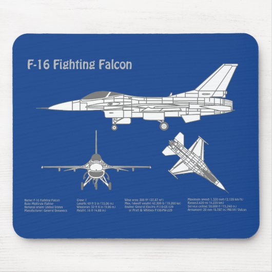 F-16 Fighting Falcon - Vliegtuigblauwdrukplan ABD Muismat (Voorkant)
