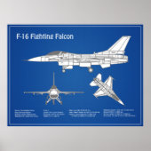 F-16 Fighting Falcon - Vliegtuigblauwdrukplan ABD Poster (Voorkant)