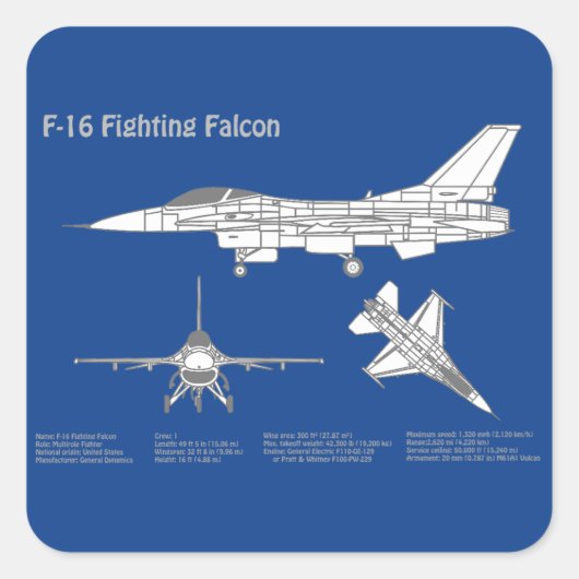 F-16 Fighting Falcon - Vliegtuigblauwdrukplan ABD Vierkante Sticker (Voorkant)