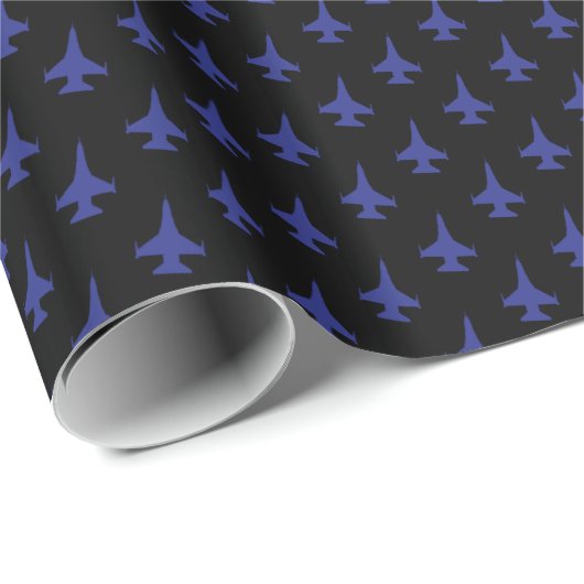 F-16 Viper Jet Pattern Blue op Black Cadeaupapier (Rol Hoek)