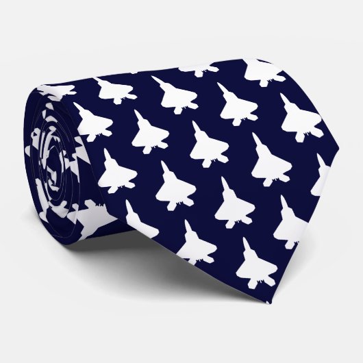 F-22 Raptor Wit Silhouet op Navy Blue Stropdas (Opgerold)