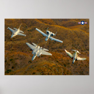 F-4, F-16, F-15 en A-10 VLUCHT IN FORMATIE Poster
