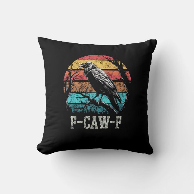 F-Caw-F Crow Retro Sunset Pun Funny Bird Cawing Gr Kussen (Voorkant)
