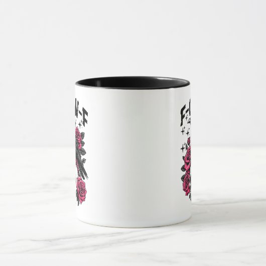 "F-CAW-F" Gothic Crow Skull & Pink Roses Mug Mok (Midden)