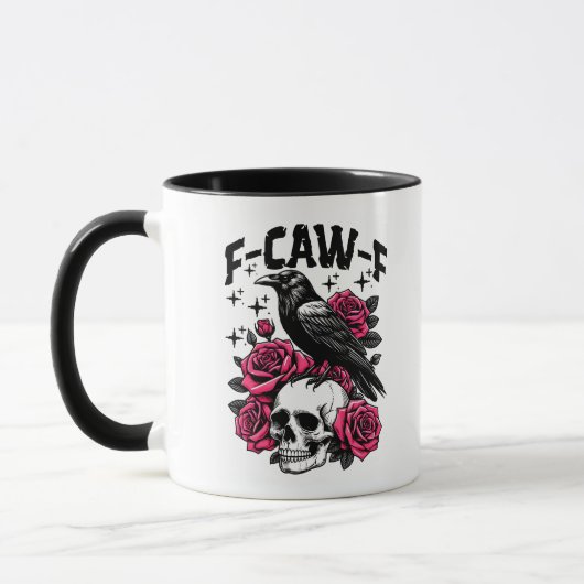 "F-CAW-F" Gothic Crow Skull & Pink Roses Mug Mok (Links)