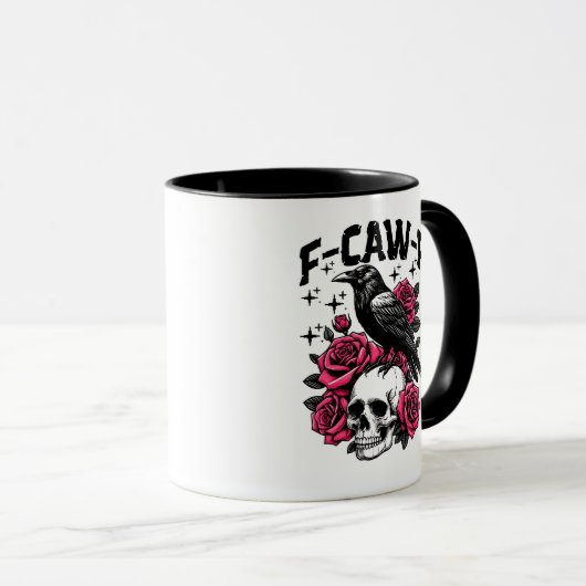 "F-CAW-F" Gothic Crow Skull & Pink Roses Mug Mok (Voorkant rechts)