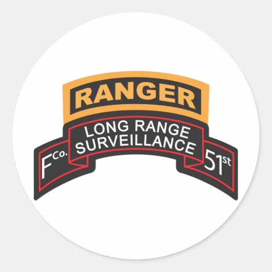 F CO 51st Infantry LRS Scroll, Ranger Tab Ronde Sticker (Voorkant)