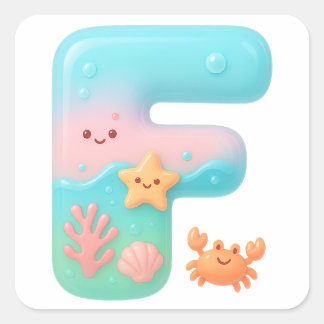 "F" Cute Bubble Letter - Underwater Sea Creature A Vierkante Sticker