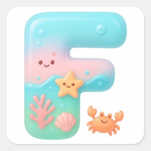 "F" Cute Bubble Letter - Underwater Sea Creature A Vierkante Sticker (Voorkant)