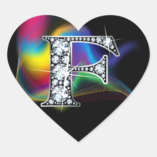 "F" Diamond Bling on Rainbow Swirl Heart Sticker (Voorkant)