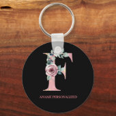 F Floral Monogram Name Letters Roze Agate Sleutelh Sleutelhanger (Voorkant)
