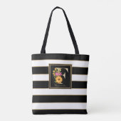 F Gold Floral Monogram | Zwarte witte gouden strep Tote Bag (Achterkant)