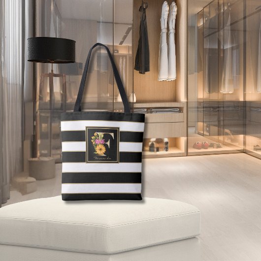 F Gold Floral Monogram | Zwarte witte gouden strep Tote Bag