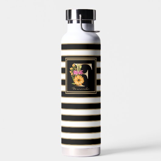 F Gold Floral Monogram | Zwarte witte gouden strep Waterfles (Links)