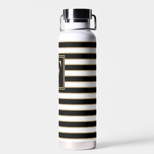 F Gold Floral Monogram | Zwarte witte gouden strep Waterfles (Achterkant)