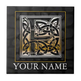 F "Jouw naam" Celtic Black Stone Monogram Tegel Tegeltje