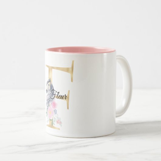 F letter gepersonaliseerde naam monogram met paard tweekleurige koffiemok (Voorkant rechts)