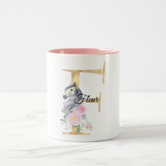 F letter gepersonaliseerde naam monogram met paard tweekleurige koffiemok (Center)