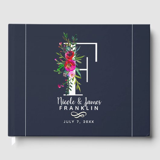 F Letter Initiaal Monogram Bloem Naam Bruiloft Gastenboek (Voorkant)