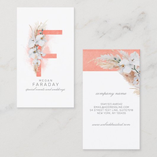 F Letter Monogram White Orchids and Pampas Grass Visitekaartje (Voorkant / Achterkant)