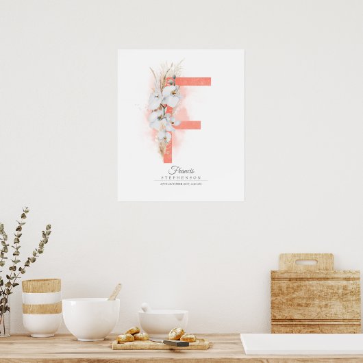 F Letter Monogram Witte Orchideeën en Pampagras Poster (Keuken)