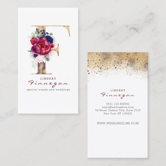 F Monogram Bourgogne Goud en Marine Blauwe Bloemen Visitekaartje (Voorkant / Achterkant)