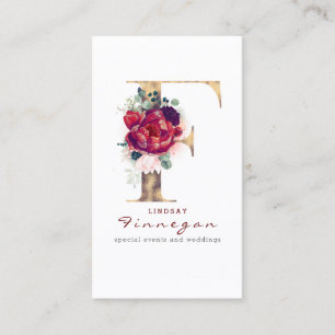 F Monogram Bourgogne Rode bloemen en Faux Gold Visitekaartje